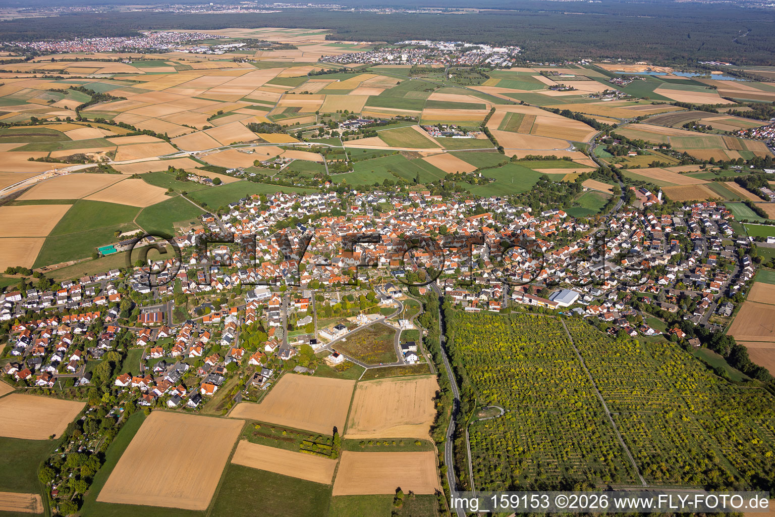 View of the village with the tree nursery on St.-Luzia-Weg (from the southeast) in the district Pflaumheim in Großostheim in the state Bavaria, Germany