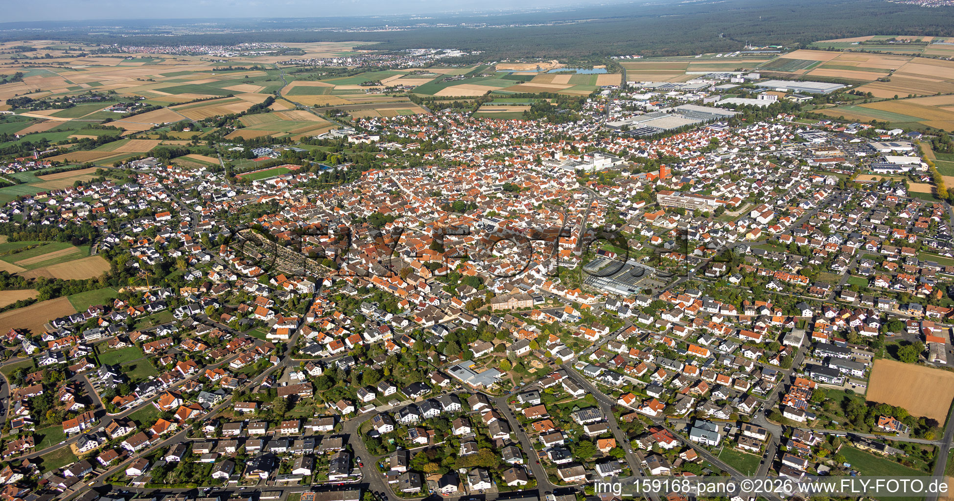 City overview from the southeast in Großostheim in the state Bavaria, Germany