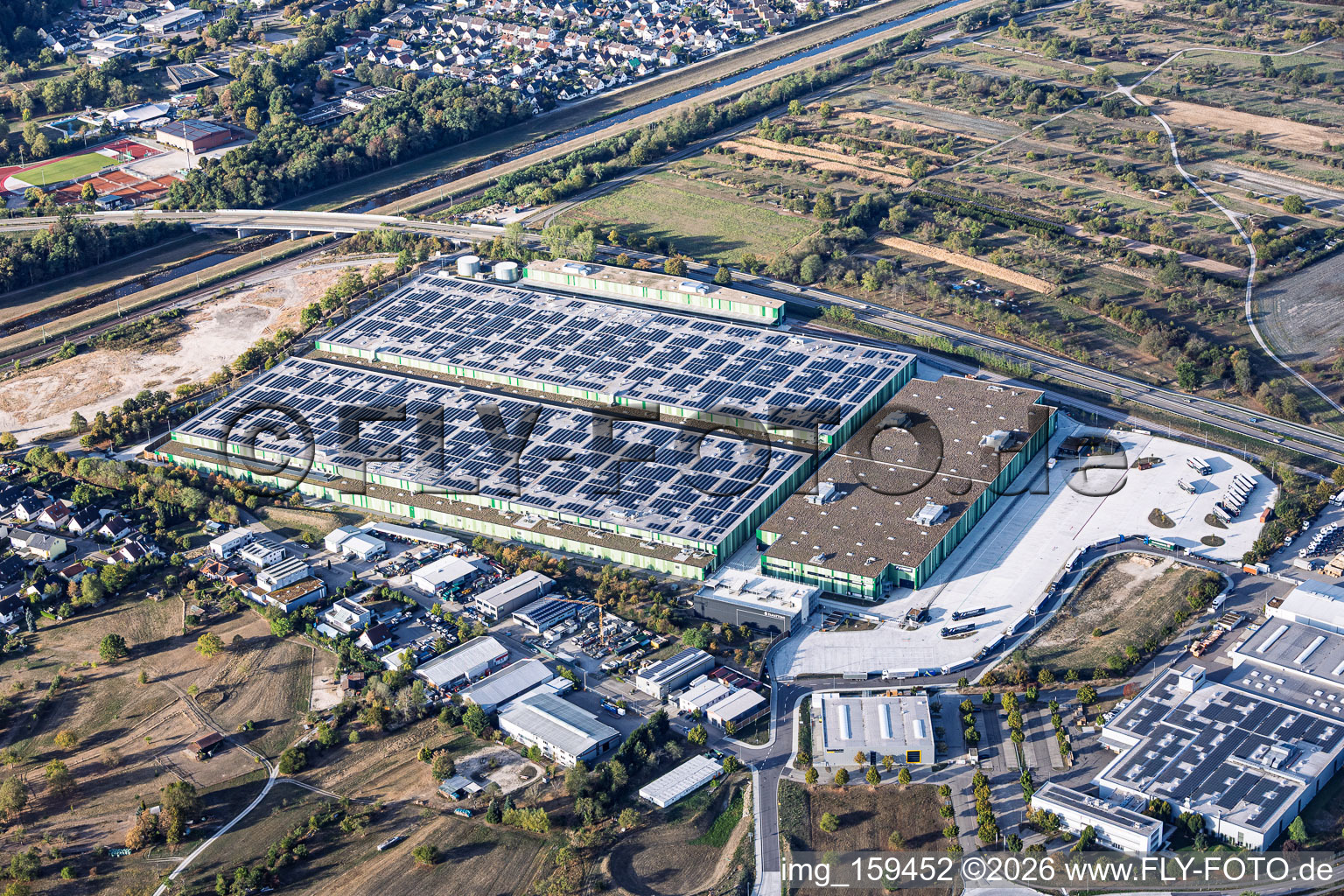 Uchtweide industrial area with Seifert Logistics Group and Mercedes-Benz in Bischweier in the state Baden-Wuerttemberg, Germany