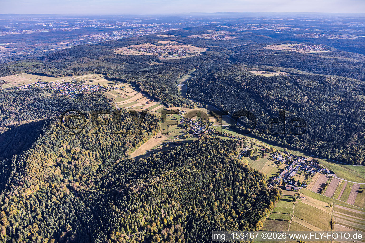 Moosalbtal valley from the south, including the districts of Moosbronn and Althof in the district Freiolsheim in Gaggenau in the state Baden-Wuerttemberg, Germany