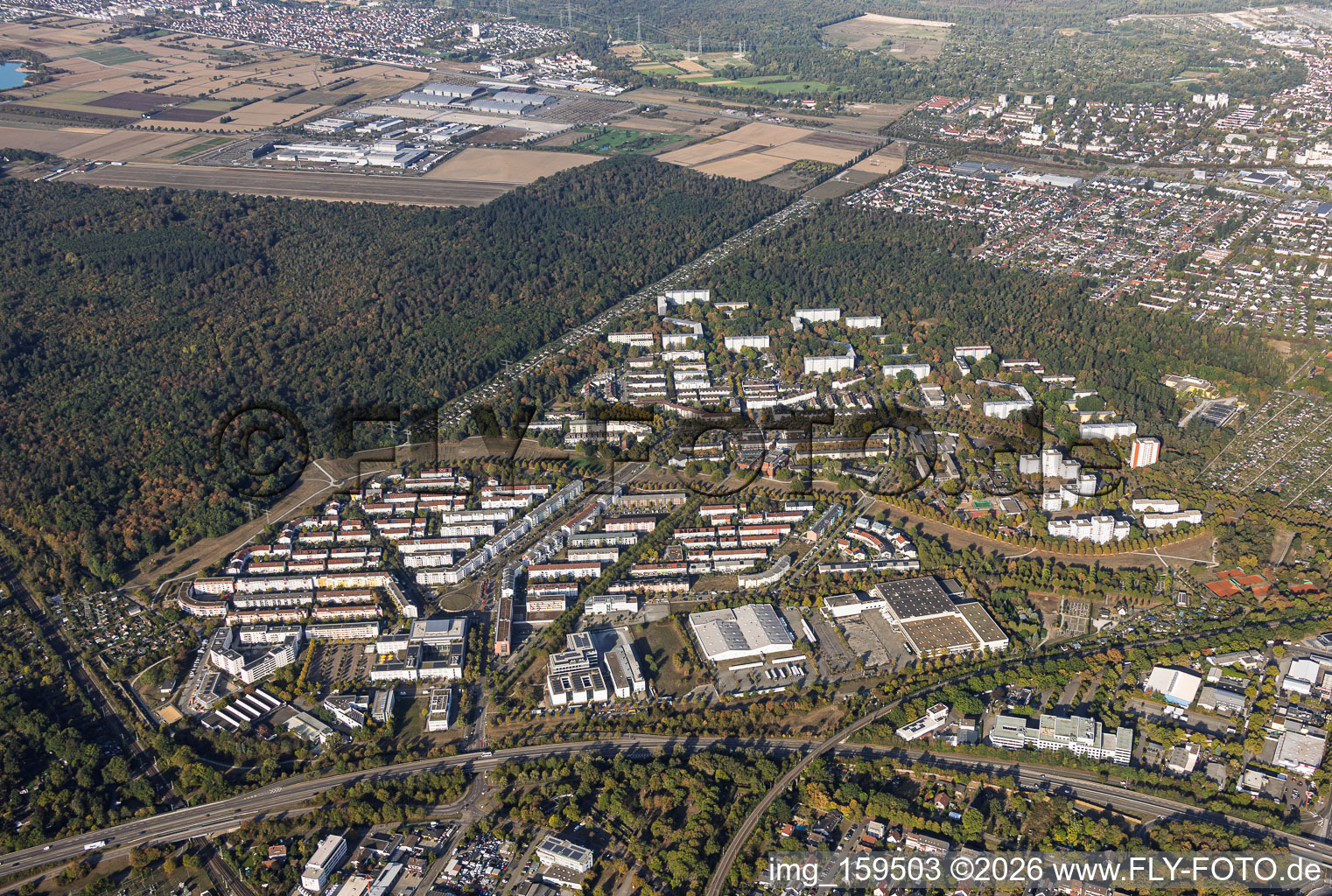 From the east in the district Oberreut in Karlsruhe in the state Baden-Wuerttemberg, Germany