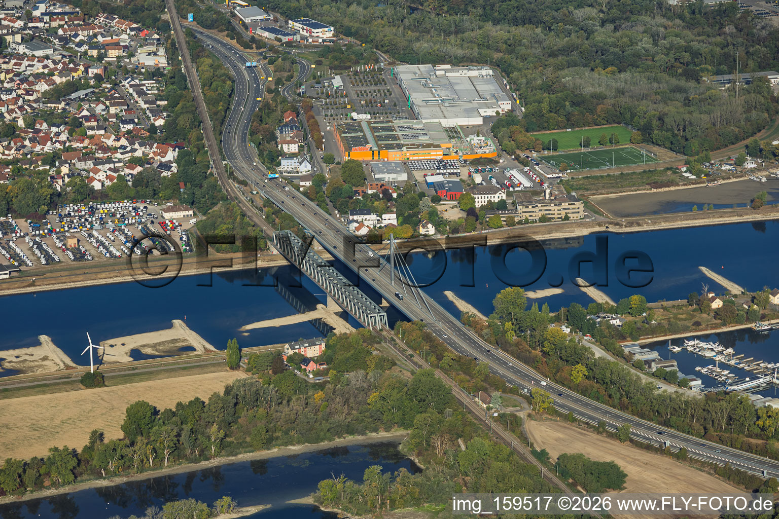 Maxau Rhine bridges (for the B10 and regional rail) at low water in the district Knielingen in Karlsruhe in the state Baden-Wuerttemberg, Germany