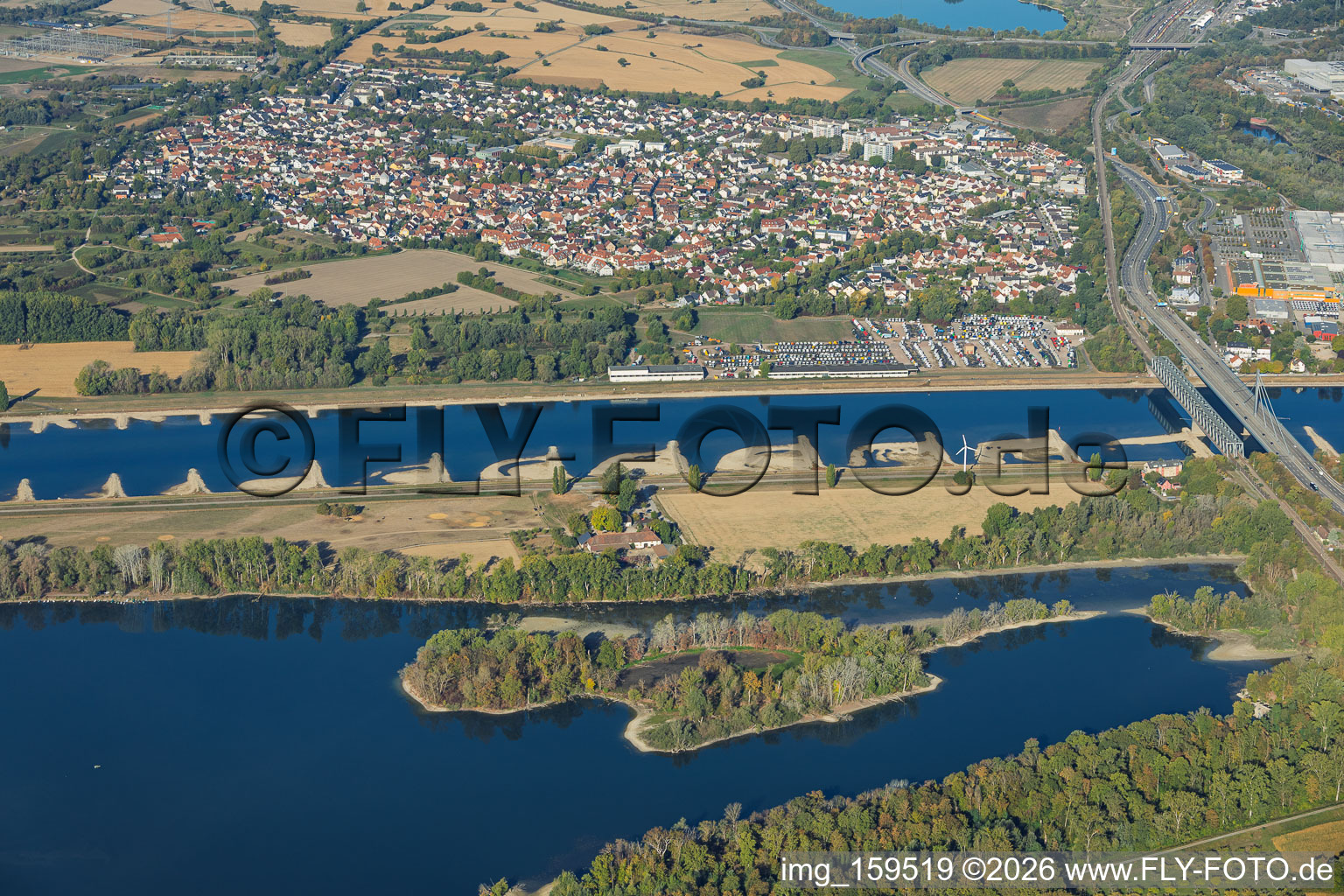 The Rhine from the east at low water in the district Knielingen in Karlsruhe in the state Baden-Wuerttemberg, Germany