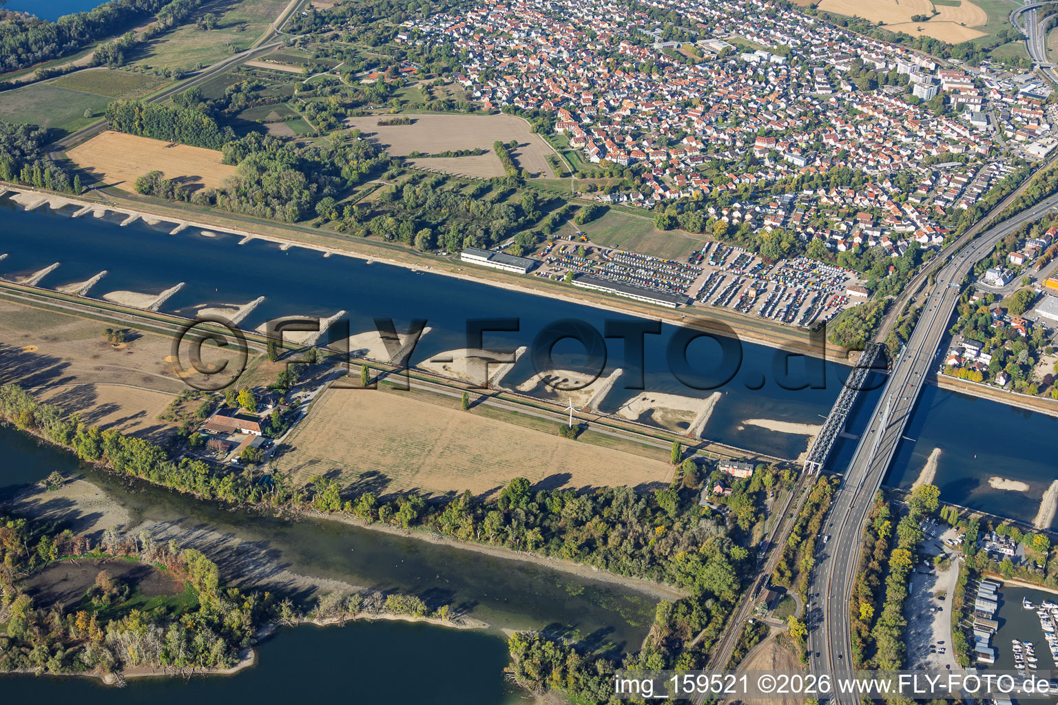 Maxau Rhine bridges (for the B10 and regional rail) at low water in the district Knielingen in Karlsruhe in the state Baden-Wuerttemberg, Germany
