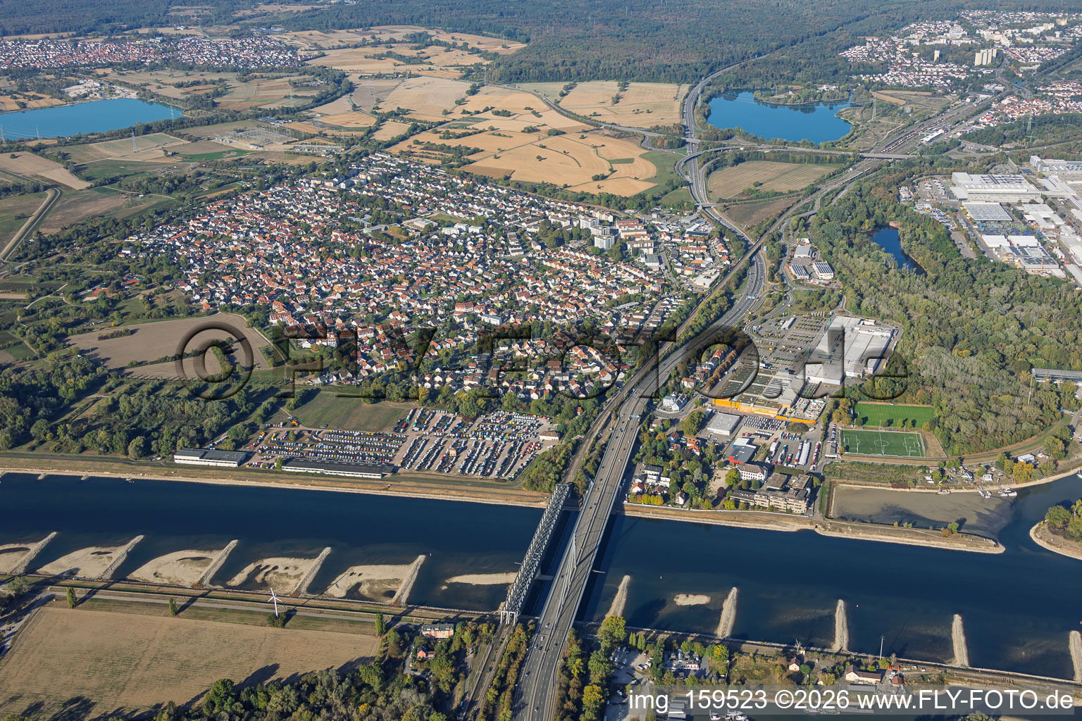 Maxau Rhine bridges (for the B10 and regional rail) at low water in the district Knielingen in Karlsruhe in the state Baden-Wuerttemberg, Germany
