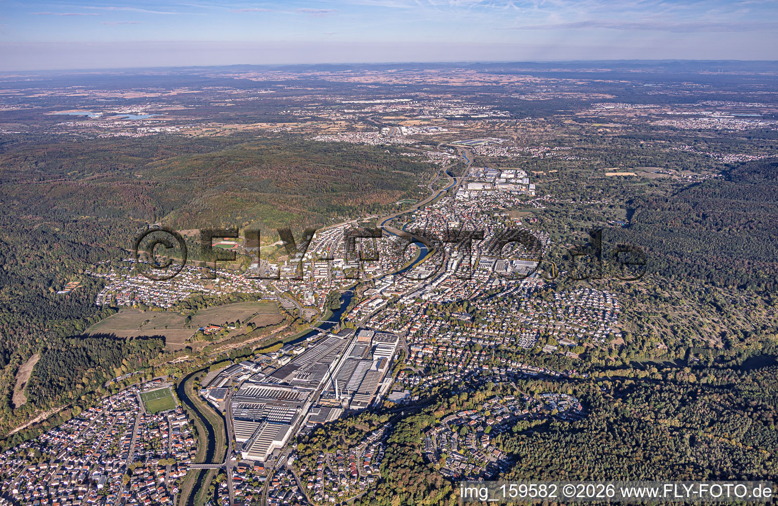 Cityscape with the Daimler plant, viewed from the southeast in Gaggenau in the state Baden-Wuerttemberg, Germany