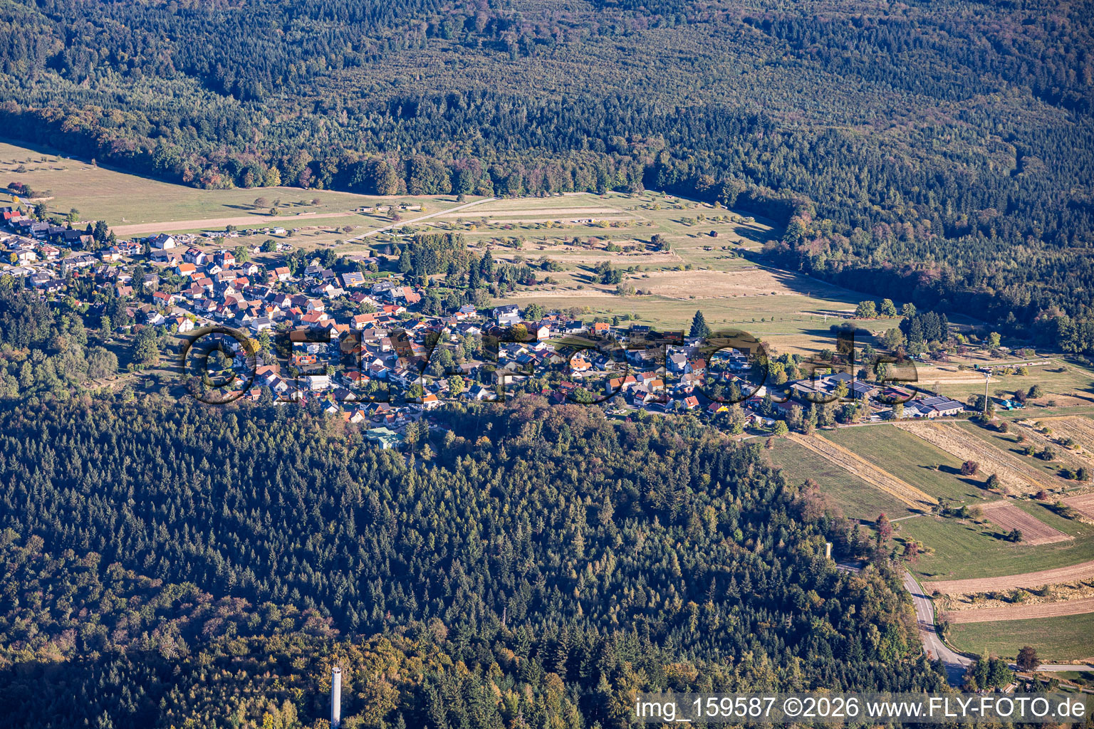 Village view and Mahlberg Tower from the south in the district Freiolsheim in Gaggenau in the state Baden-Wuerttemberg, Germany