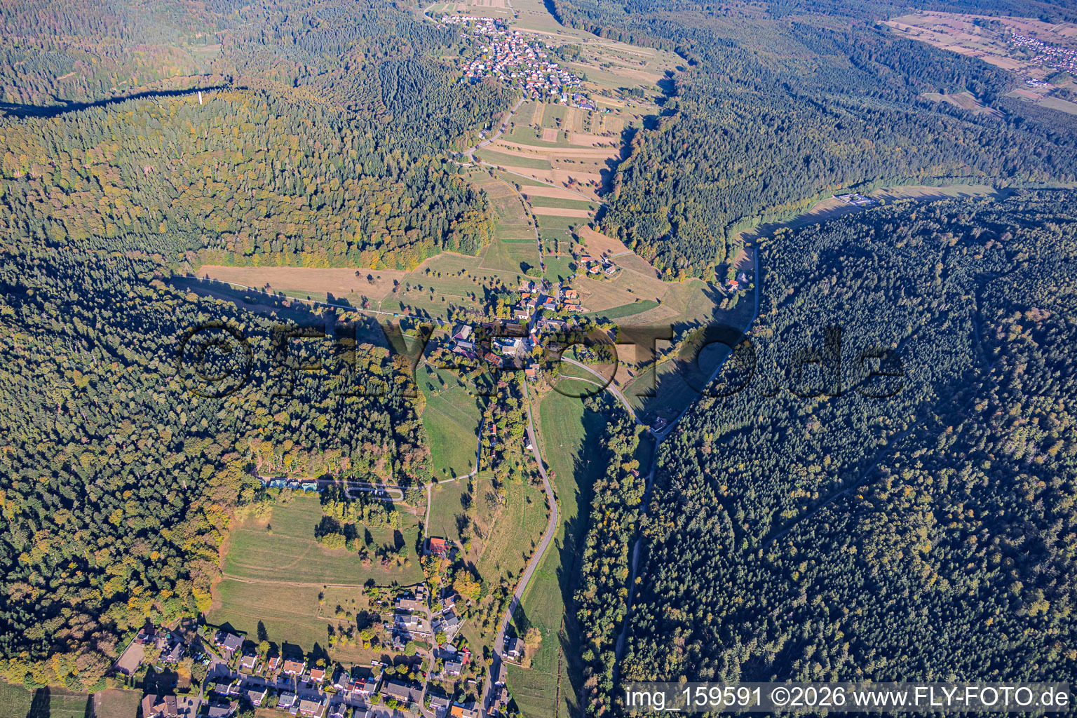 Moosalbtal valley from the southeast, including the districts of Moosbronn and Althof in the district Freiolsheim in Gaggenau in the state Baden-Wuerttemberg, Germany