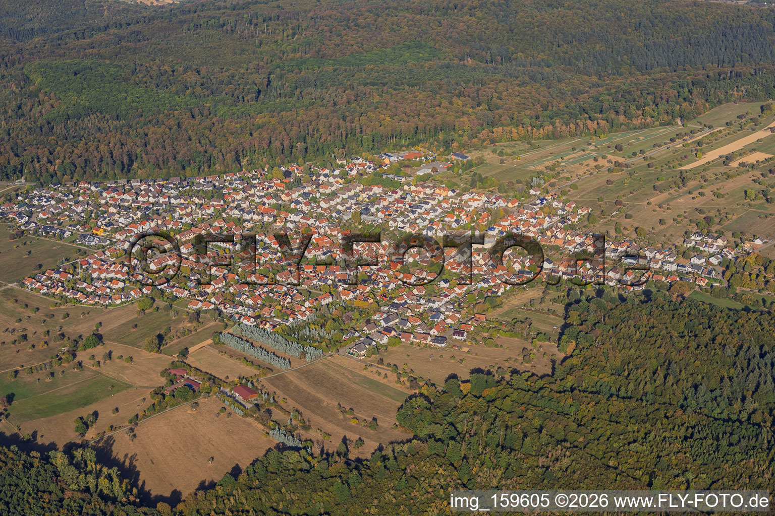 From the southeast in the district Spessart in Ettlingen in the state Baden-Wuerttemberg, Germany
