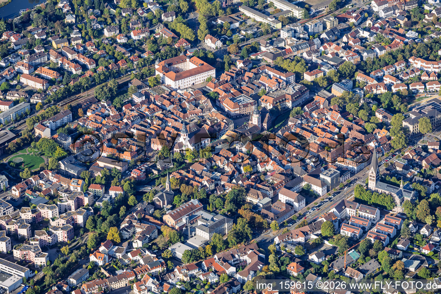Old Town viewed from the east, between the Alb stream and the S-Bahn line in Ettlingen in the state Baden-Wuerttemberg, Germany