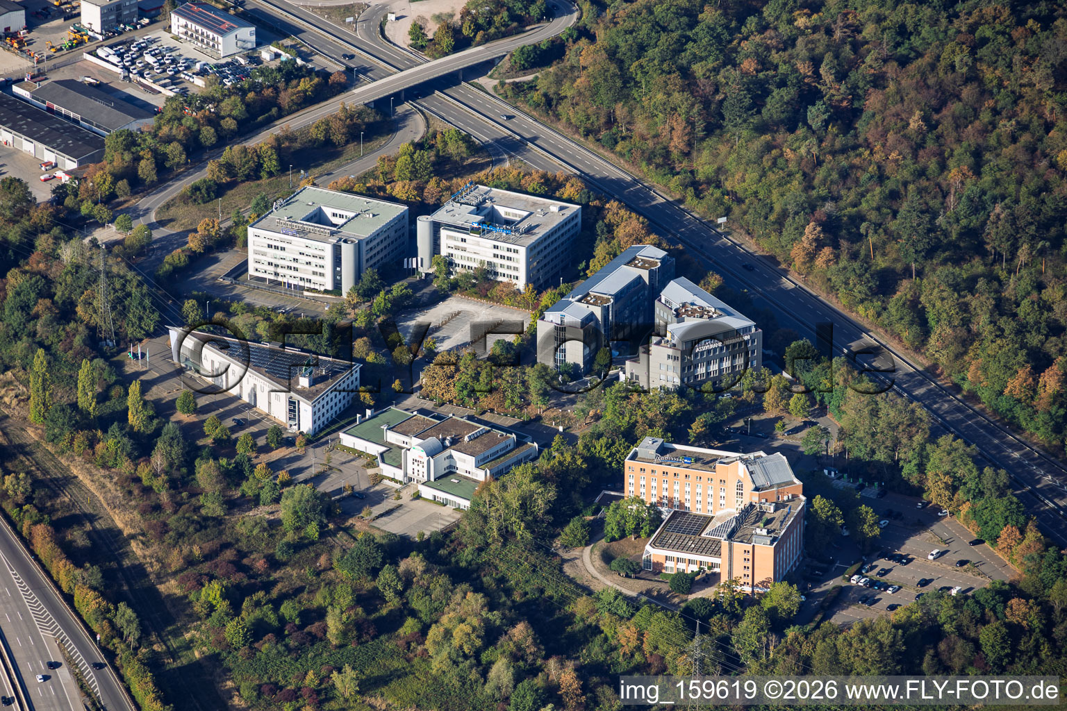 Am Hardtwald district with Radisson Blu Hotel, DACHSER Logistics Center (Karlsruhe Air & Sea Logistics), and Atrium Möbel und Design GmbH in Ettlingen in the state Baden-Wuerttemberg, Germany