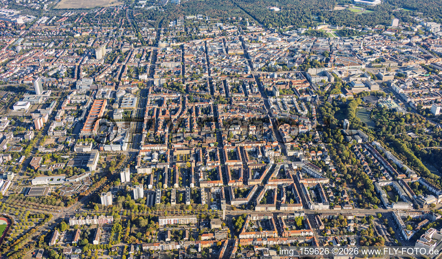 From the south in the district Südweststadt in Karlsruhe in the state Baden-Wuerttemberg, Germany