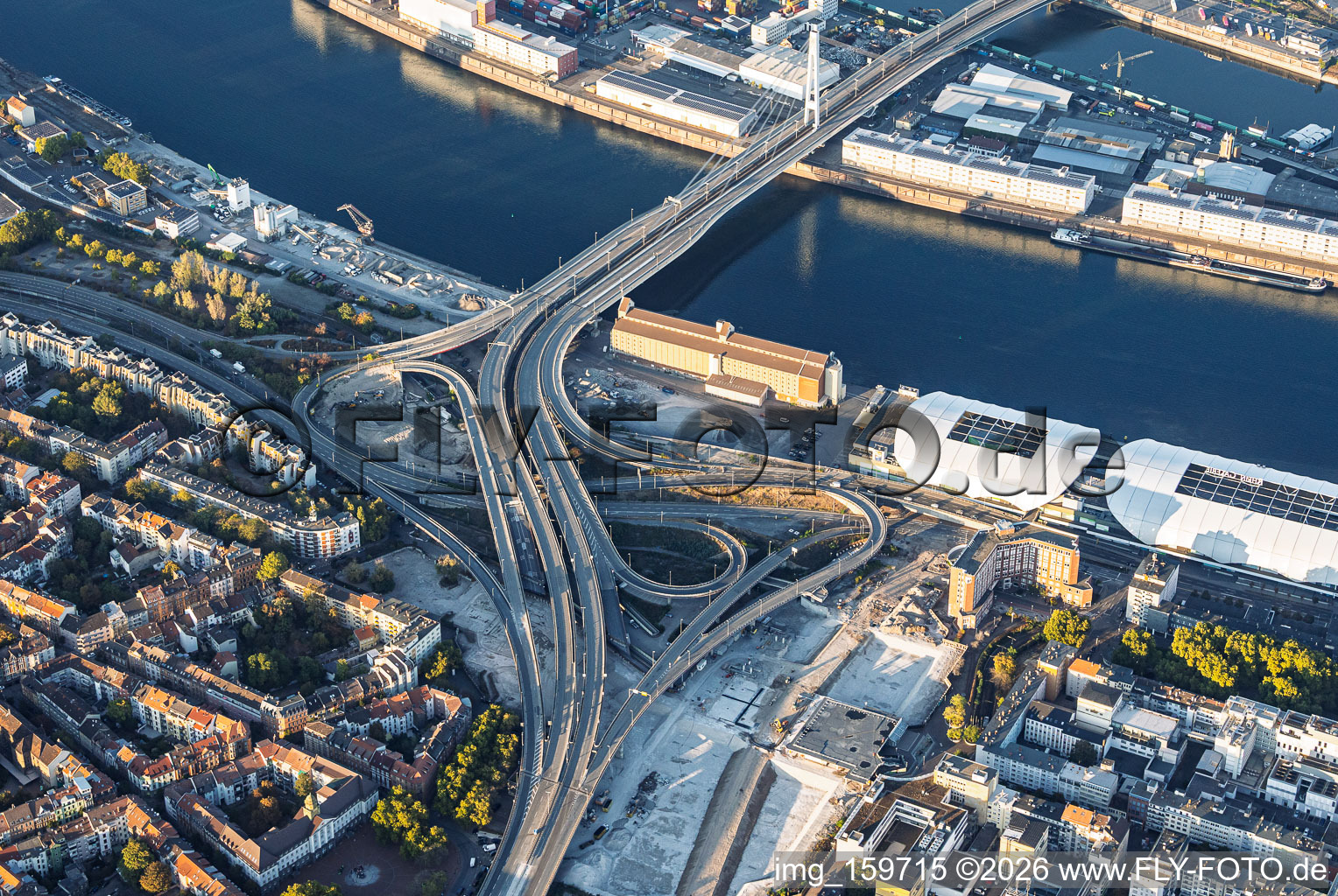 Ramp to the closed Kurt-Schumacher-Brücke (B44) following the demolition of the "Würfelbunker," the Rathaus-Center, and the ZG Raiffeisen grain silo on the riverbank in the district Mitte in Ludwigshafen in the state Rhineland-Palatinate, Germany