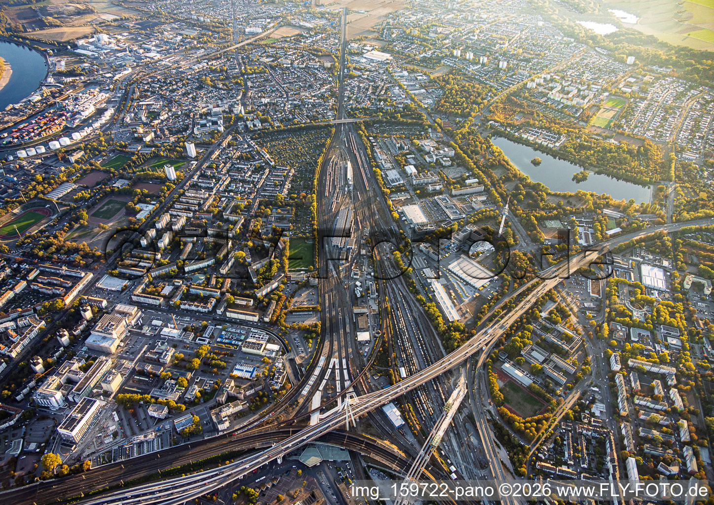 Central Station (Hauptbahnhof) Ludwigshafen beneath the pylon bridge carrying the B37 in the district Süd in Ludwigshafen in the state Rhineland-Palatinate, Germany