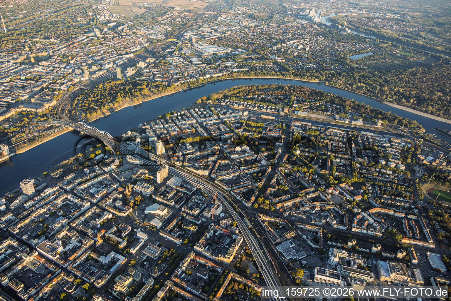 City overview from the west, showing Hochstraße Süd (B37) leading to the Konrad-Adenauer-Brücke crossing the Rhine and Parkinsel in the district Mitte in Ludwigshafen in the state Rhineland-Palatinate, Germany