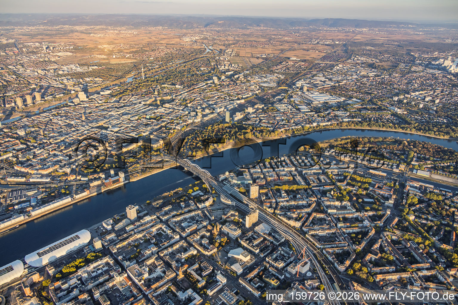 City overview from the west (across the Rhine and Konrad-Adenauer-Brücke), viewed from Ludwigshafen in the district Innenstadt in Mannheim in the state Baden-Wuerttemberg, Germany