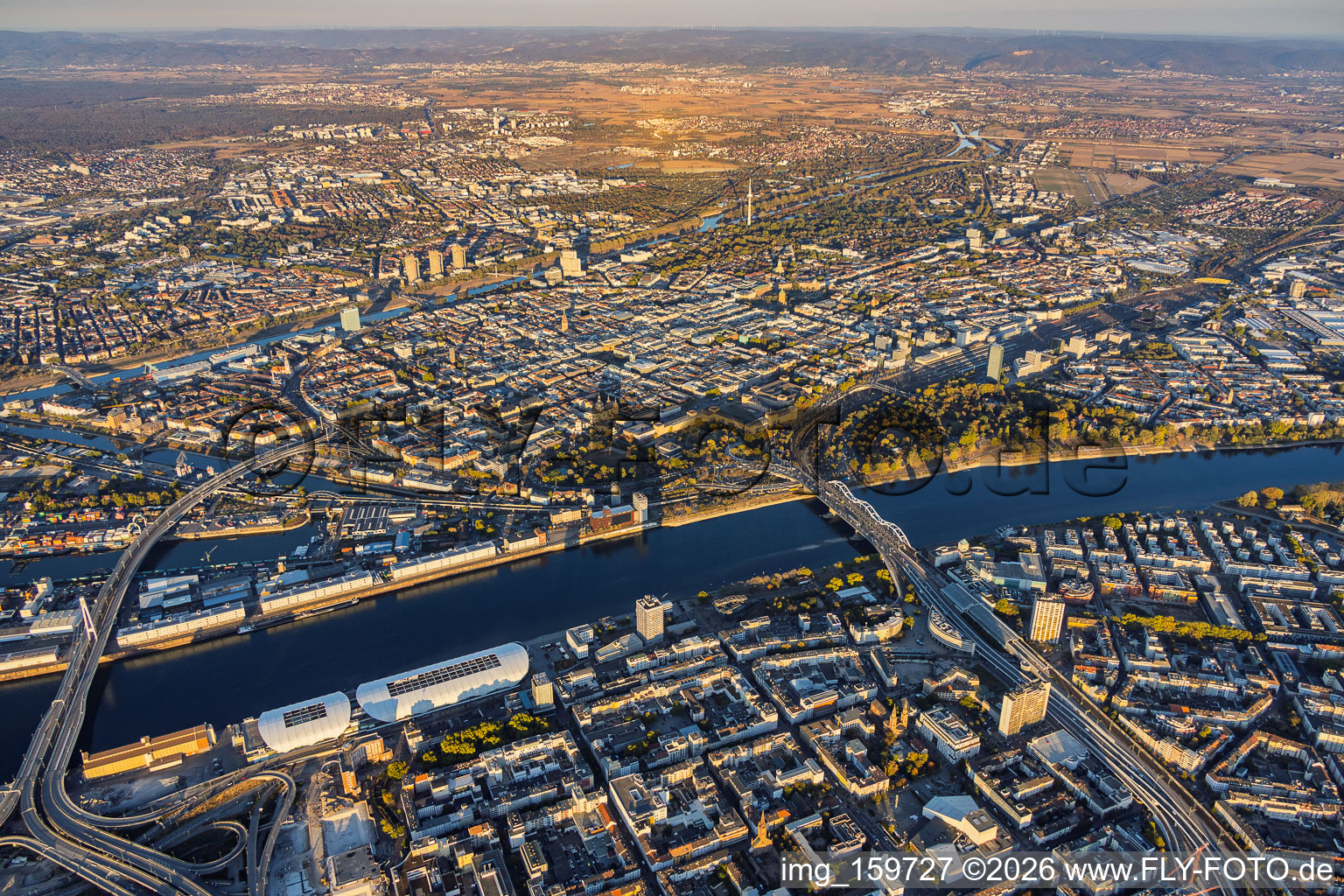 City overview from the west, showing the Rhein-Galerie between the Kurt-Schumacher-Brücke (B44) and Konrad-Adenauer-Brücke (B37) towards Mannheim in the district Mitte in Ludwigshafen in the state Rhineland-Palatinate, Germany