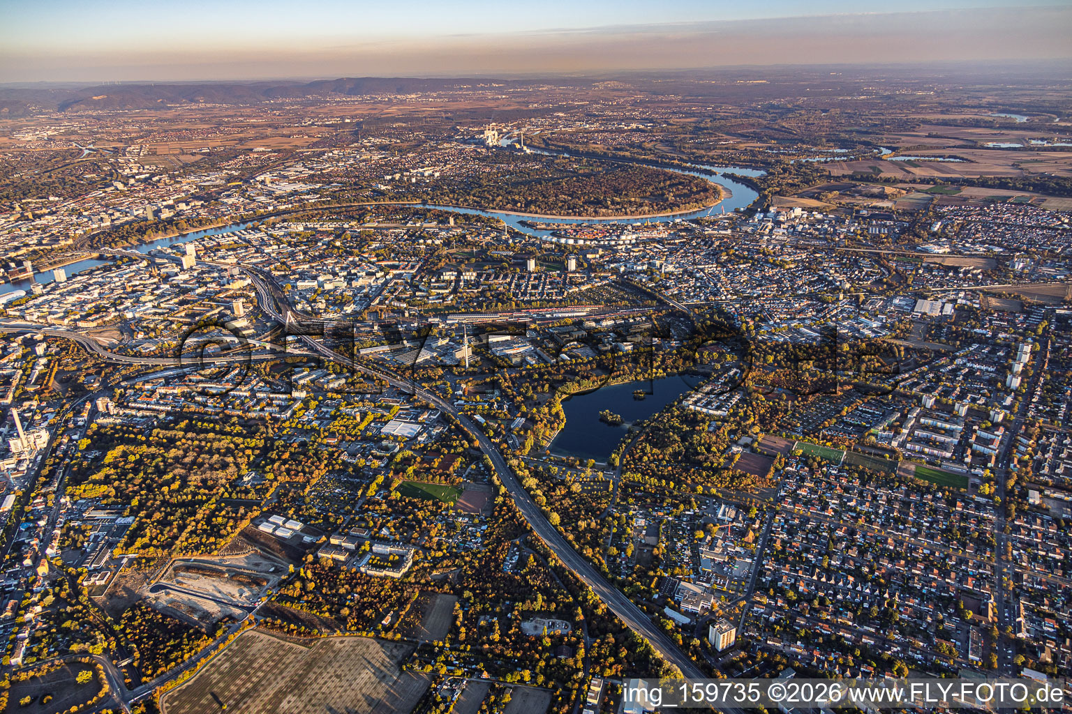 City overview from the west, spanning from the A650 to the Rhine in the district West in Ludwigshafen in the state Rhineland-Palatinate, Germany
