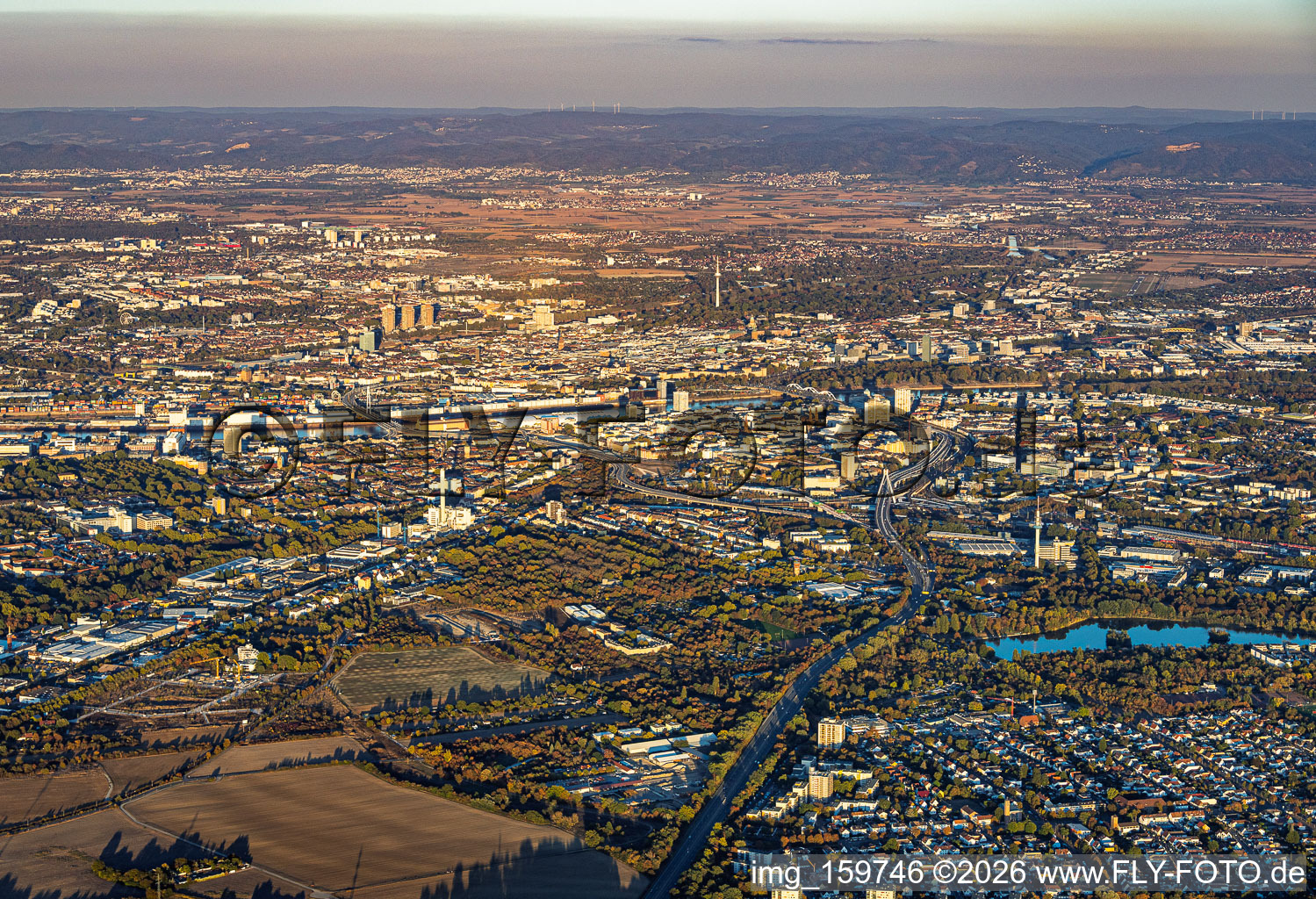 City view from the west in the district West in Ludwigshafen in the state Rhineland-Palatinate, Germany
