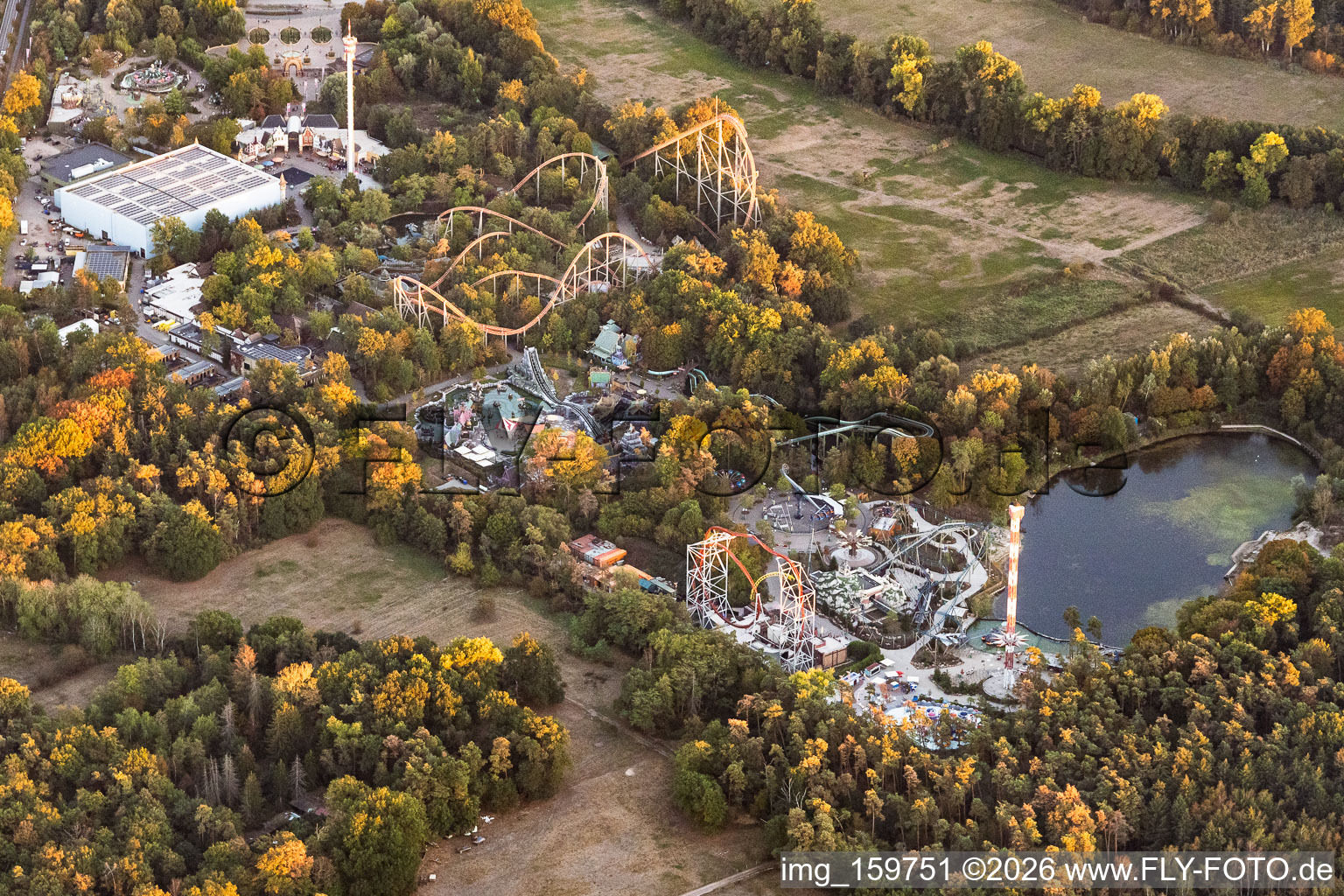 Sky-Scream and other roller coasters at Plopsaland Germany in Haßloch in the state Rhineland-Palatinate, Germany