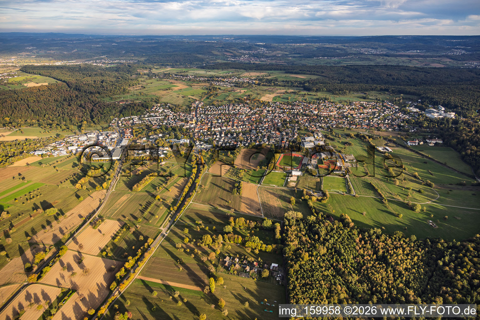 From the west in the district Langensteinbach in Karlsbad in the state Baden-Wuerttemberg, Germany