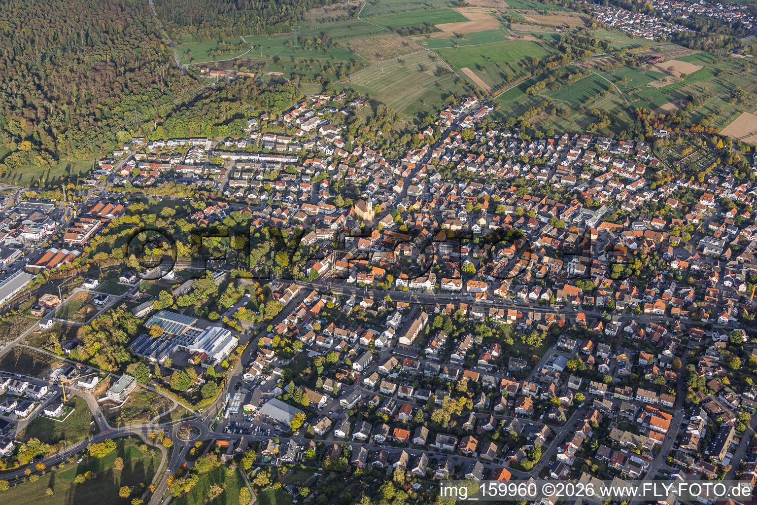 From the west in the district Langensteinbach in Karlsbad in the state Baden-Wuerttemberg, Germany