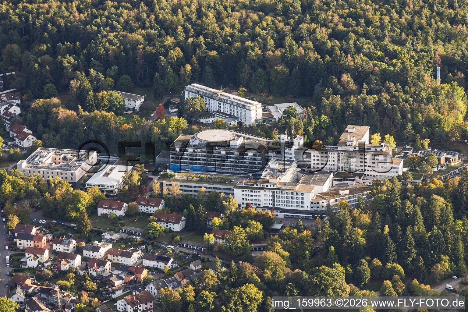 SRH Hospital (Klinikum) in Karlsbad, viewed from the northwest in the district Langensteinbach in Karlsbad in the state Baden-Wuerttemberg, Germany
