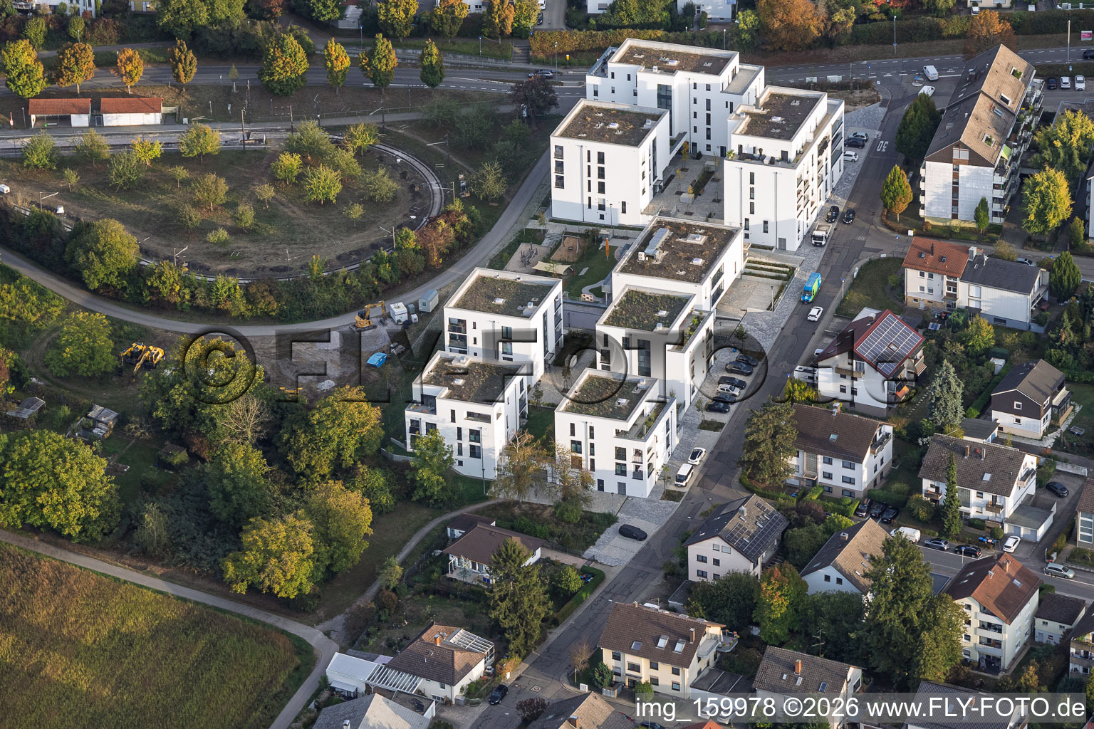 Modern residential complex (multi-family housing) between Ringstraße and the northern S-Bahn terminus in the district Wolfartsweier in Karlsruhe in the state Baden-Wuerttemberg, Germany