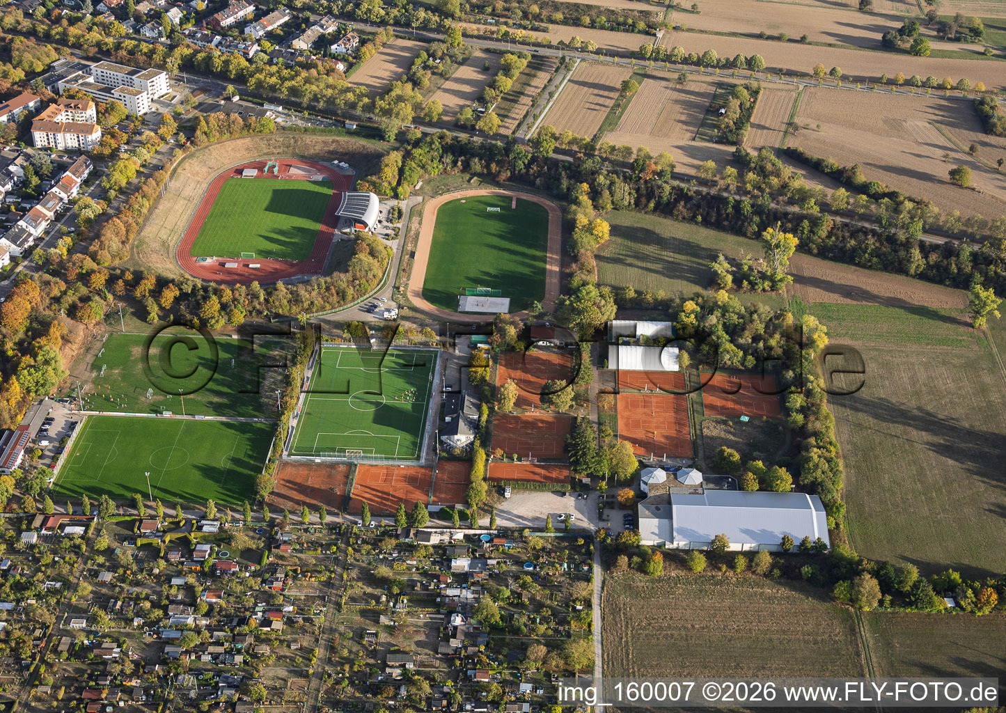Baggerloch" sports park, featuring the Hans-Bretz-Stadion (Ettlingen) and the tennis courts of SSV 1847 in Ettlingen in the state Baden-Wuerttemberg, Germany