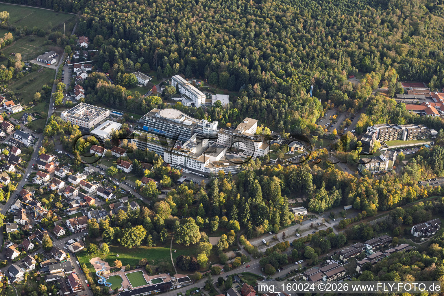 SRH Hospital (Klinikum) in Karlsbad, viewed from the northwest in the district Langensteinbach in Karlsbad in the state Baden-Wuerttemberg, Germany