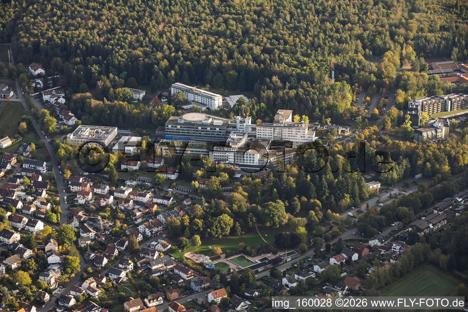 SRH Hospital (Klinikum) in Karlsbad, viewed from the northwest in the district Langensteinbach in Karlsbad in the state Baden-Wuerttemberg, Germany