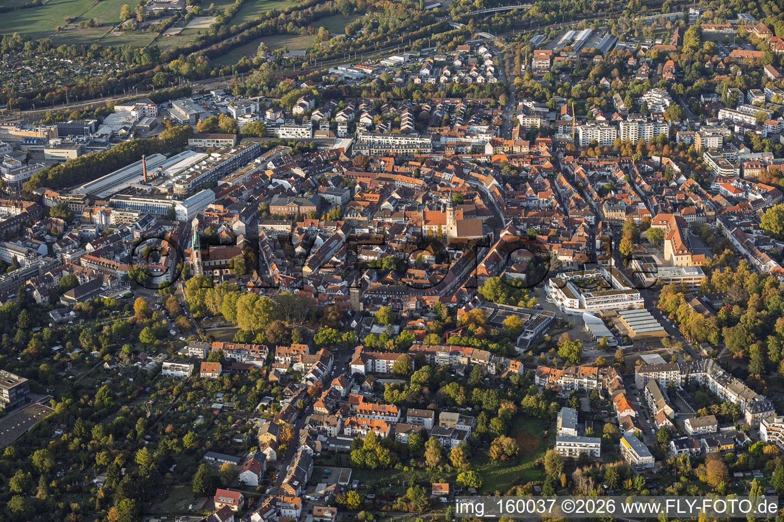Old town center, viewed from the south in the district Durlach in Karlsruhe in the state Baden-Wuerttemberg, Germany