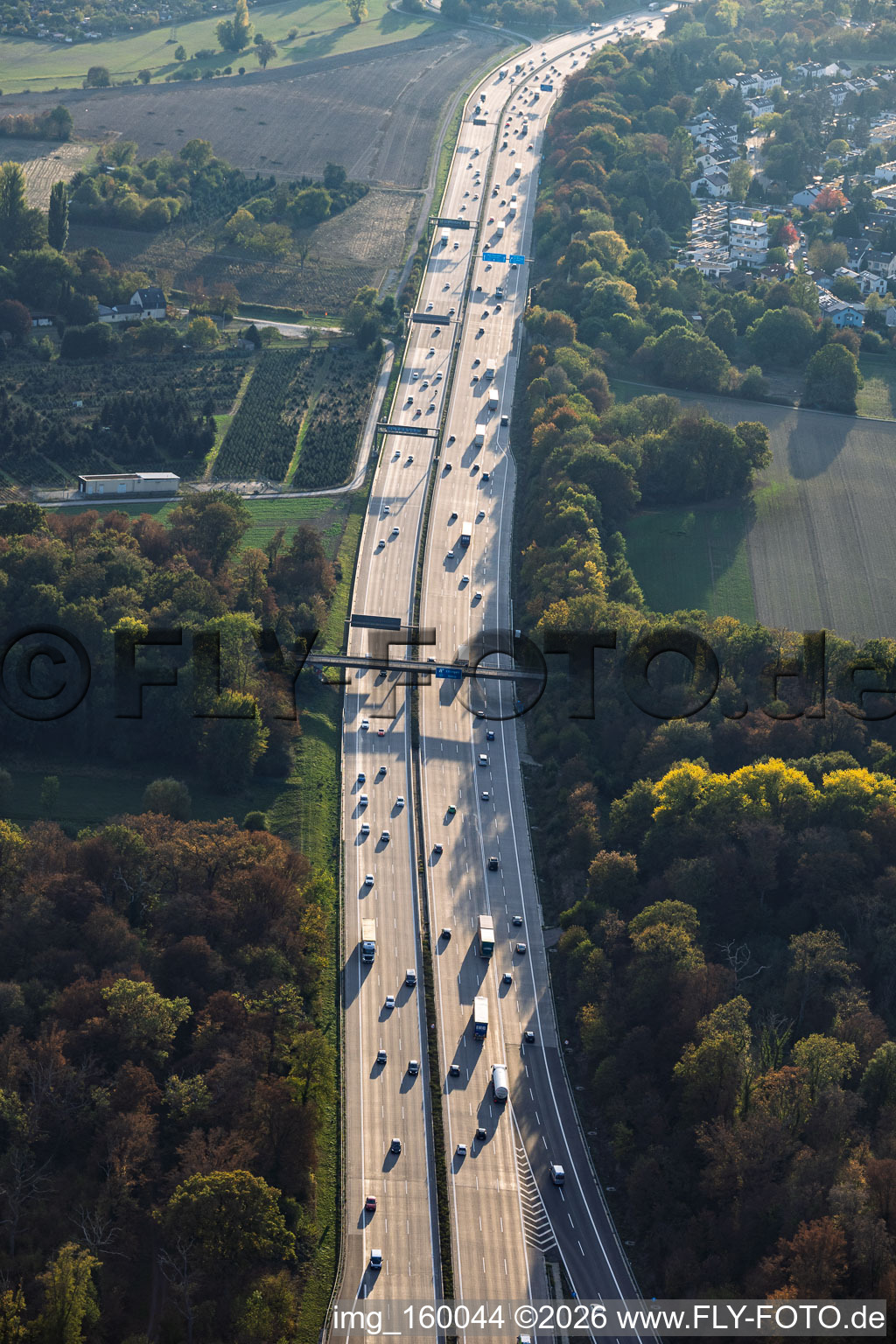 The A5 motorway, viewed between interchanges Karlsruhe and Ettlingen exit in the district Rüppurr in Karlsruhe in the state Baden-Wuerttemberg, Germany
