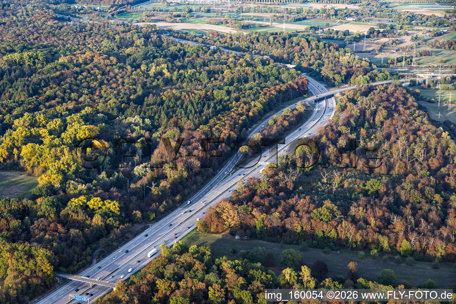 The A5 motorway and its transition to the A6 at the interchange in the district Rüppurr in Karlsruhe in the state Baden-Wuerttemberg, Germany