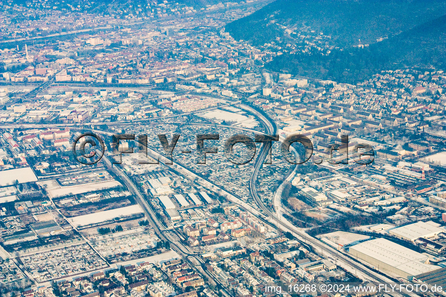 Oblique view of District Südstadt in Heidelberg in the state Baden-Wuerttemberg, Germany