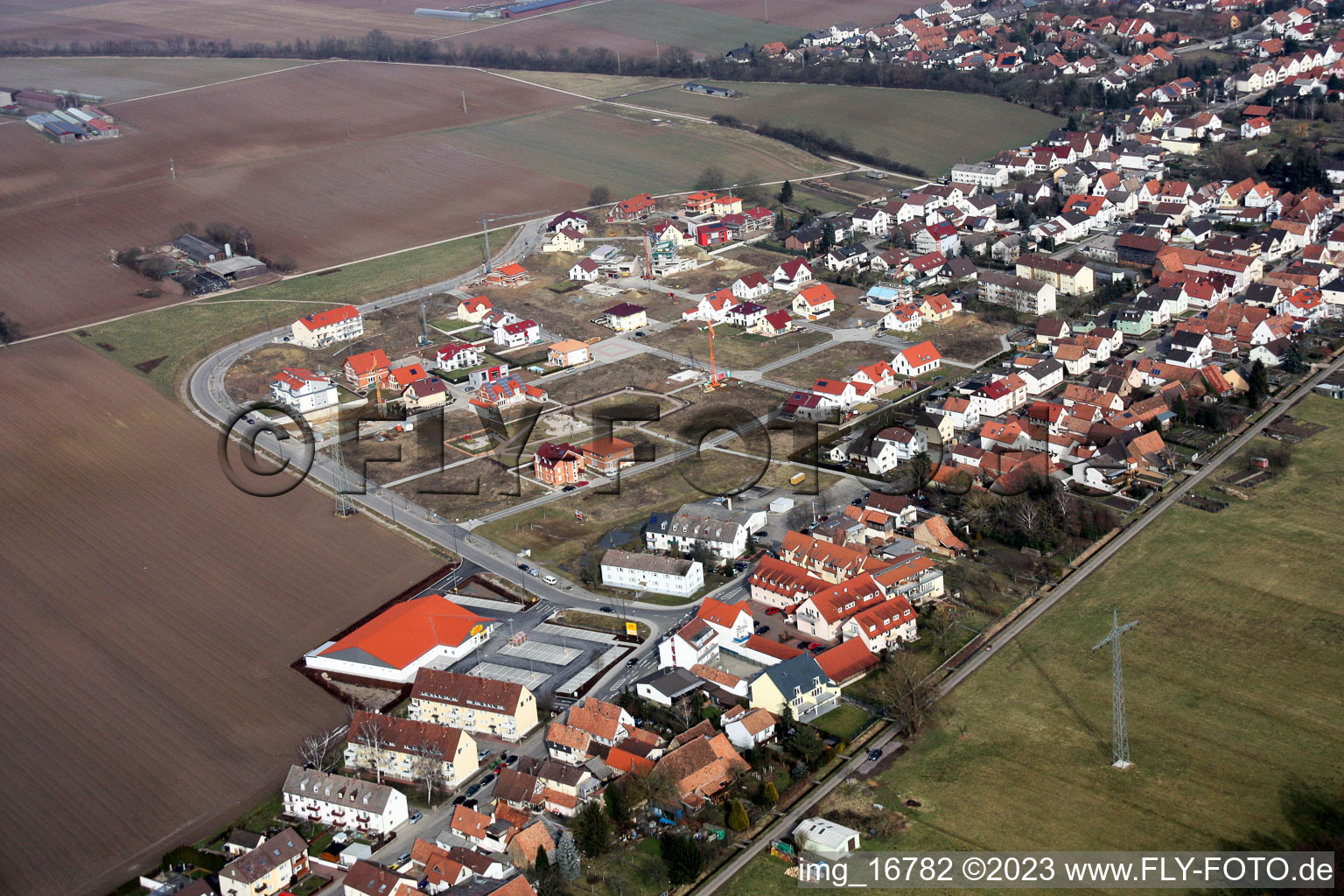 New development area on the Höhenweg in Kandel in the state Rhineland-Palatinate, Germany seen from above