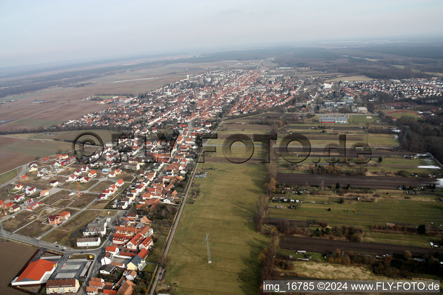 Aerial view of Saarstrasse from the west in Kandel in the state Rhineland-Palatinate, Germany