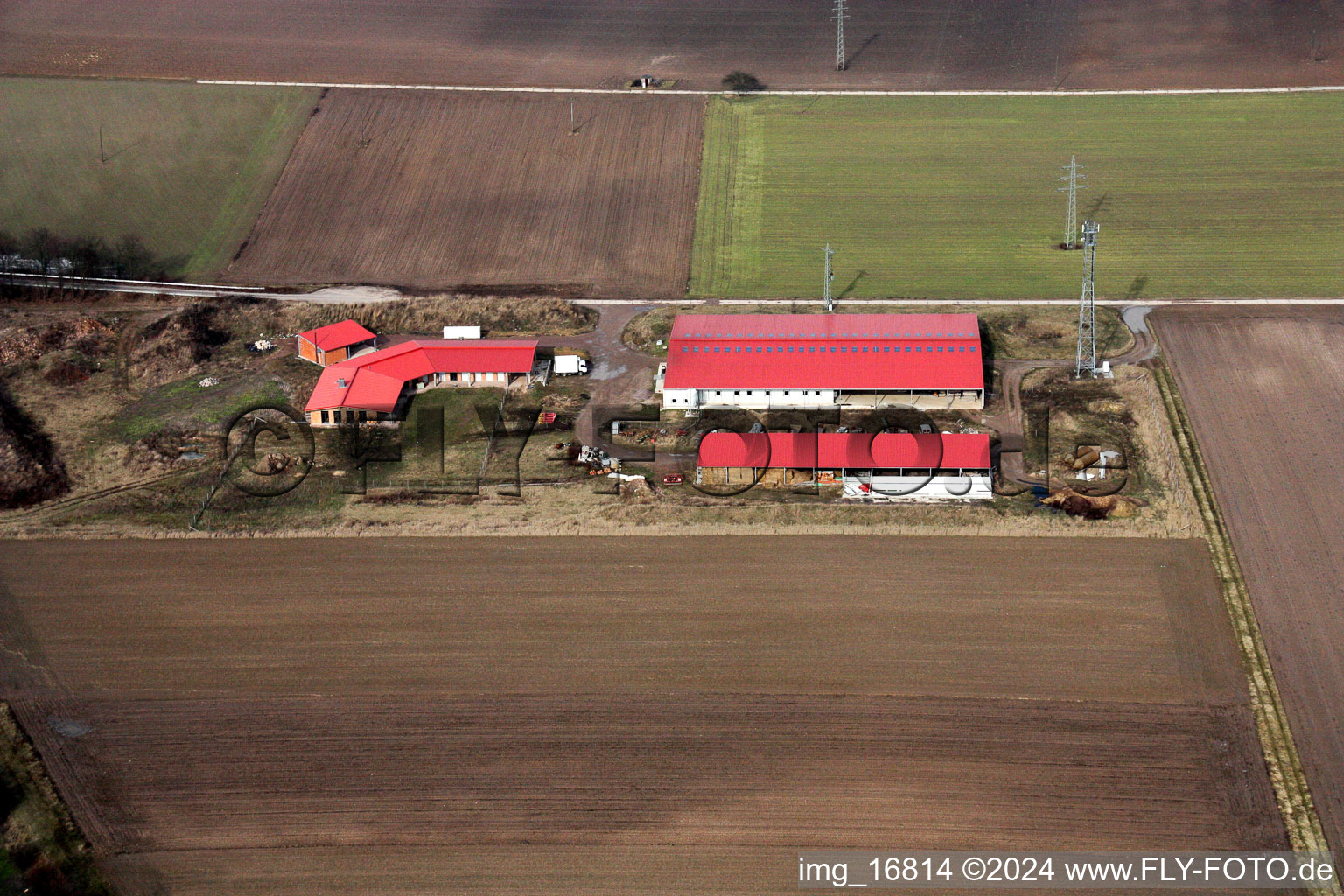 Aerial view of Aussiedlerhof in Erlenbach bei Kandel in the state Rhineland-Palatinate, Germany