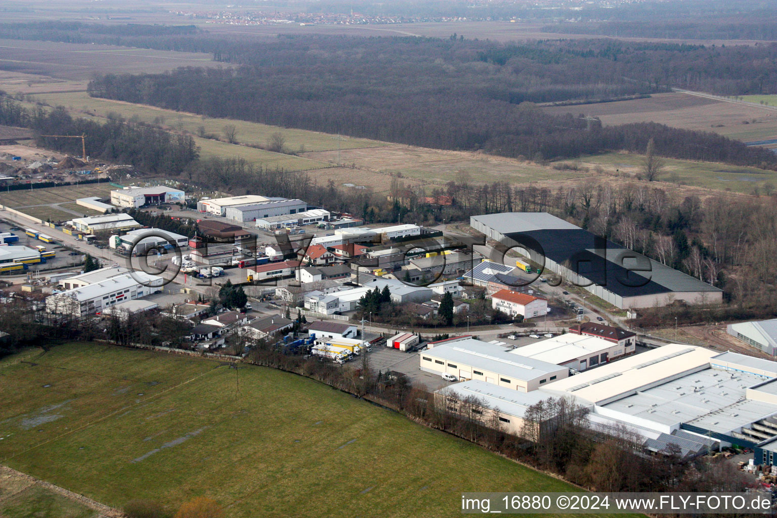 Commercial area Am Horst in the district Minderslachen in Kandel in the state Rhineland-Palatinate, Germany from the drone perspective