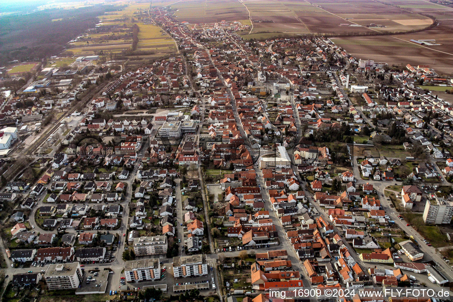 Aerial view of Street - road guidance of Rheinstrasse in Kandel in the state Rhineland-Palatinate