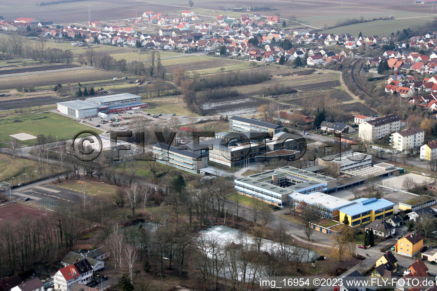 Aerial view of IGS, secondary school in Kandel in the state Rhineland-Palatinate, Germany