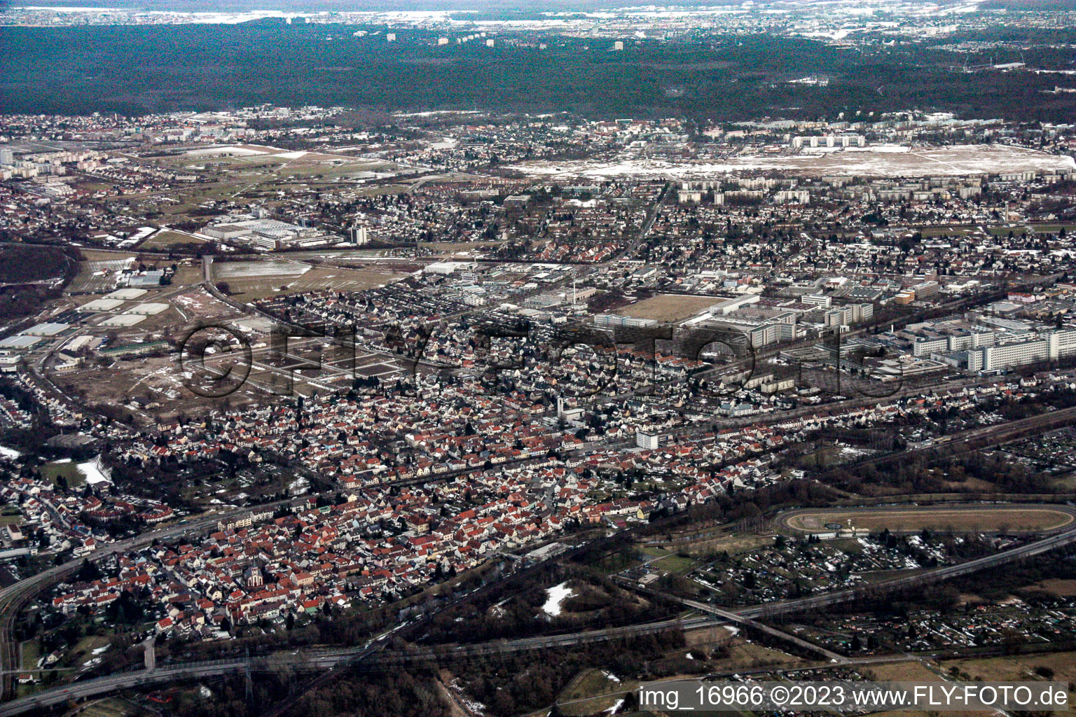 District Knielingen in Karlsruhe in the state Baden-Wuerttemberg, Germany from above
