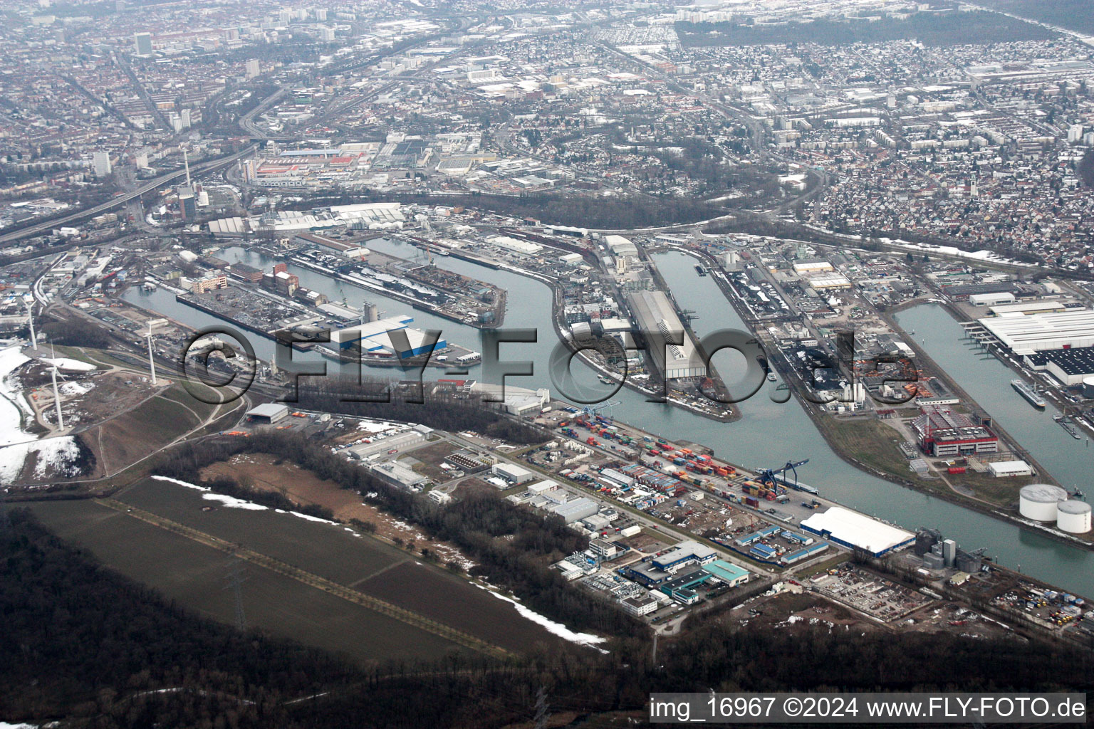 District Rheinhafen in Karlsruhe in the state Baden-Wuerttemberg, Germany viewn from the air