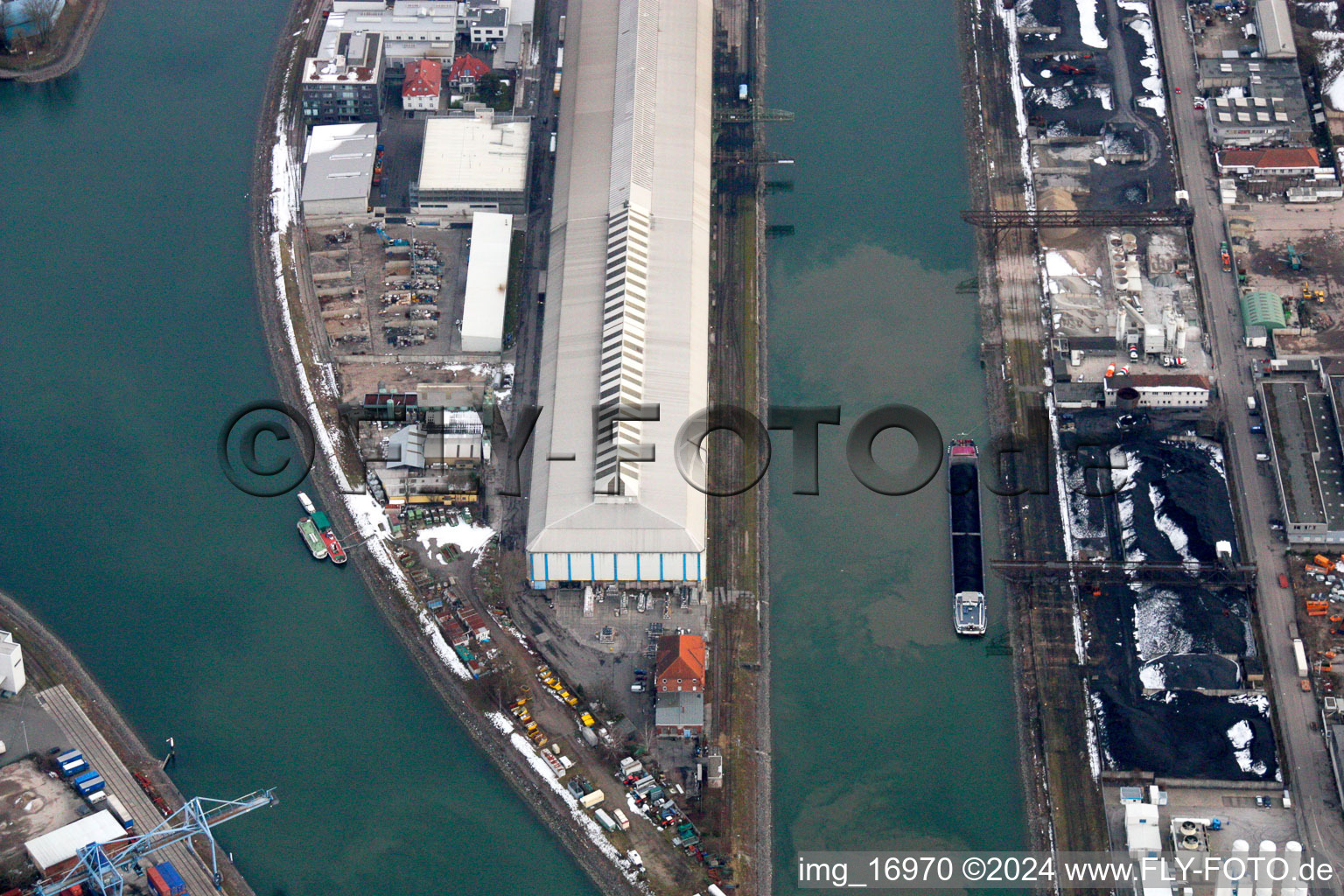 Drone recording of District Rheinhafen in Karlsruhe in the state Baden-Wuerttemberg, Germany