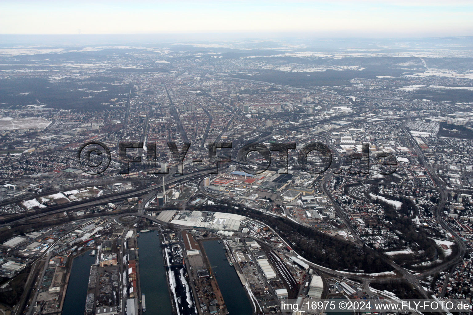 Aerial view of From the southwest in the district Mühlburg in Karlsruhe in the state Baden-Wuerttemberg, Germany