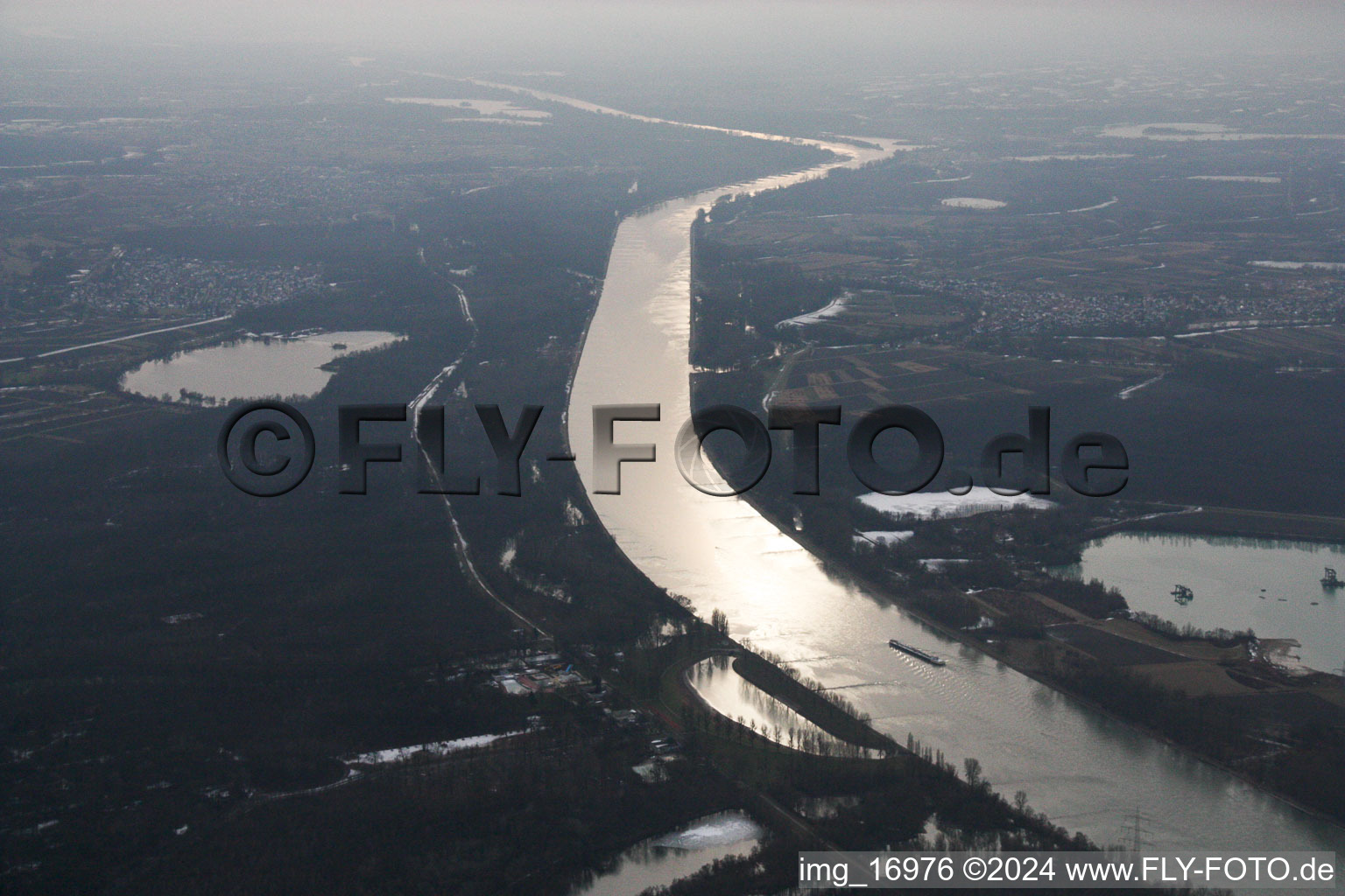 Curved loop of the riparian zones on the course of the river Rhine in the district Knielingen in Karlsruhe in the state Baden-Wurttemberg