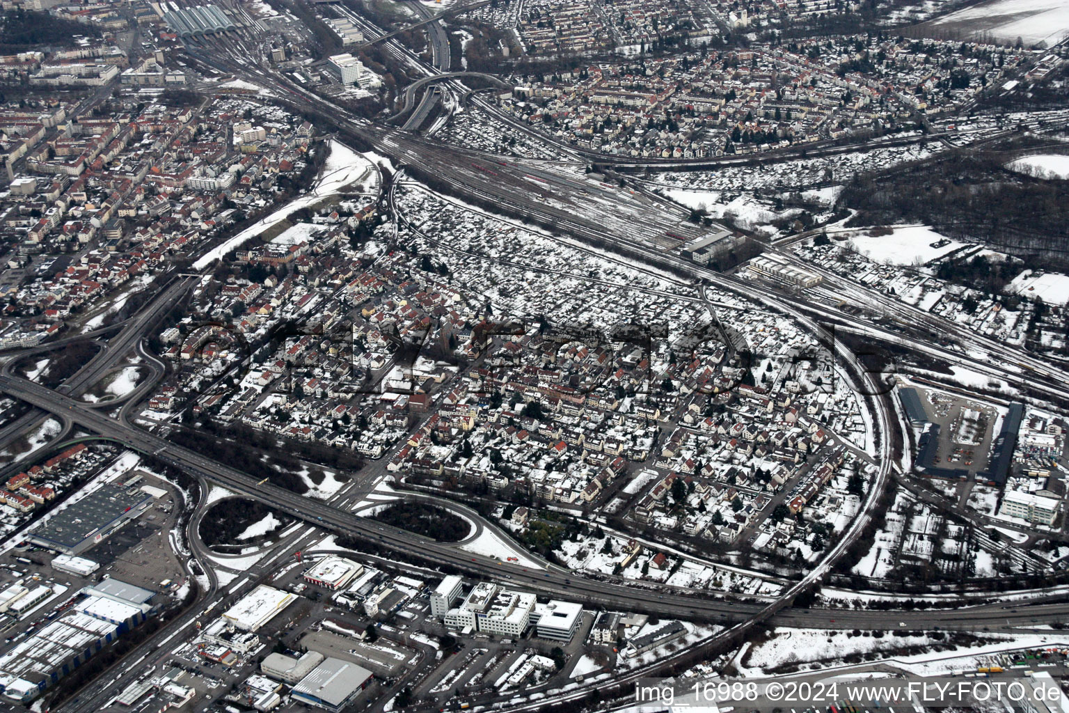 Oblique view of District Beiertheim-Bulach in Karlsruhe in the state Baden-Wuerttemberg, Germany