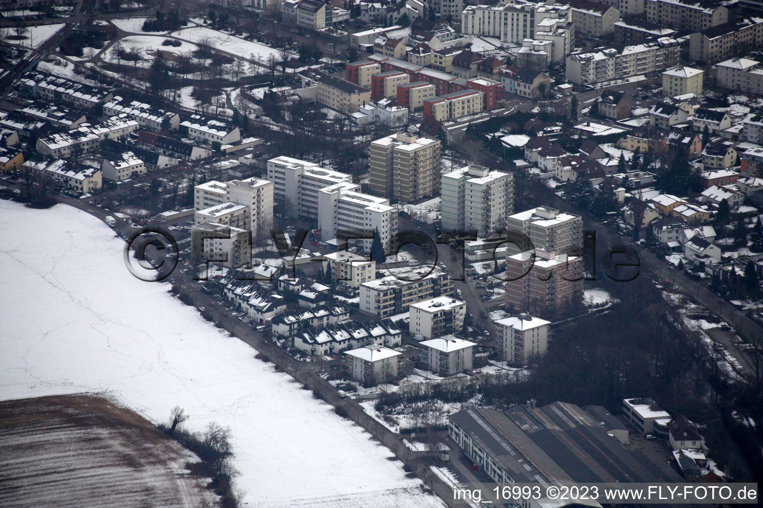 Wintry snowy Town View of the streets and houses of the residential areas in Ettlingen in the state Baden-Wurttemberg