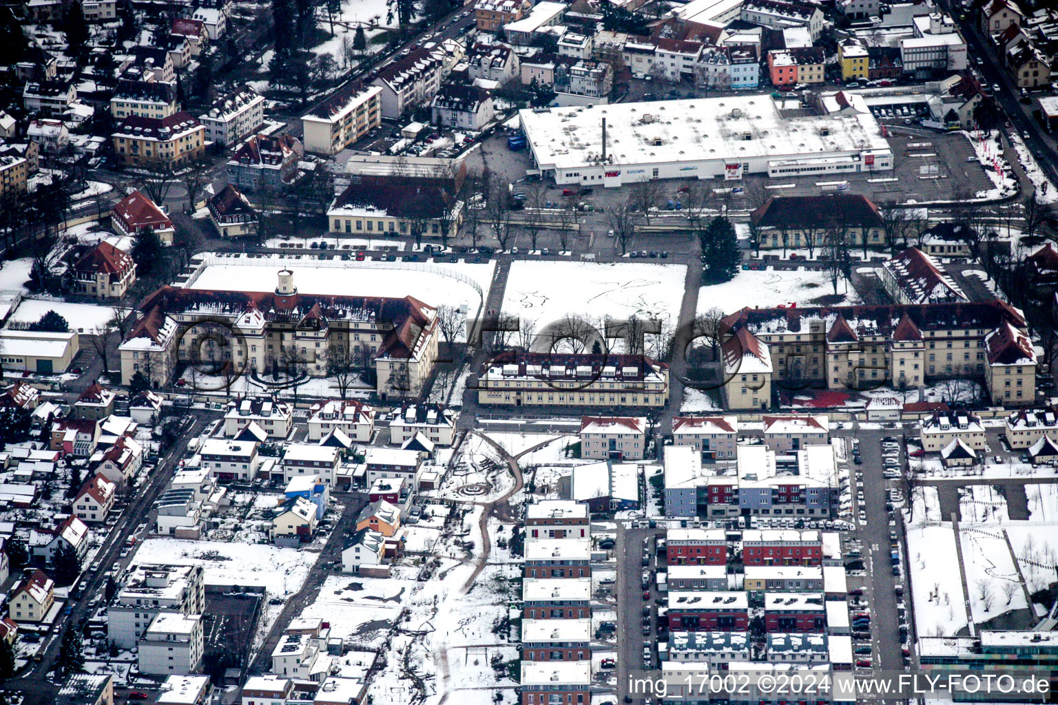 Wintry snowy District Rueppurr in the city in the district Rueppurr in Karlsruhe in the state Baden-Wurttemberg, Germany