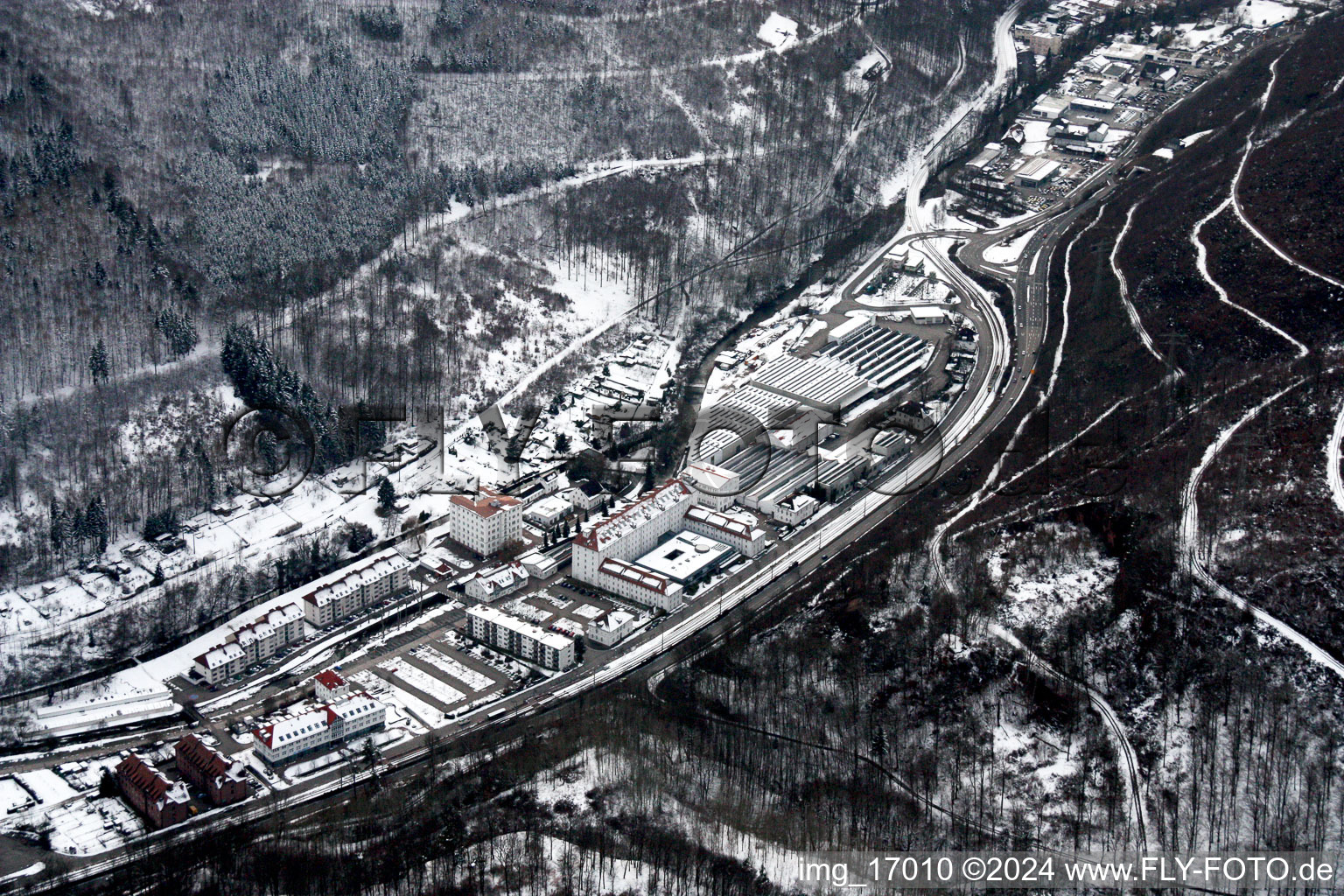 Wintry snowy Industrial and commercial area Alte Spinnerei in Ettlingen in the state Baden-Wurttemberg, Germany